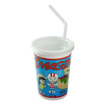 AmerCare Royal Kid's Cup, 12 oz, Imagination Print, Plastic, With Straw & Lid, (250/Case), AmerCare Royal KCT250IT