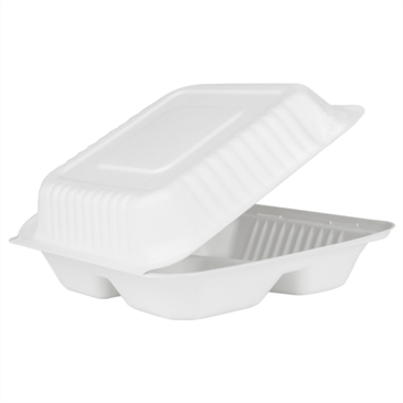 Bagasse Hinged Container, 9" x 9", White, 3-Compartment, Paper, Karat KE-BHC99-3C
