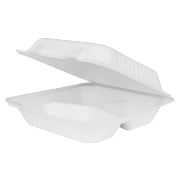 Bagasse Hinged Container, 9" x 9", White, 3-Compartment, Paper, Karat KE-BHC99-3C