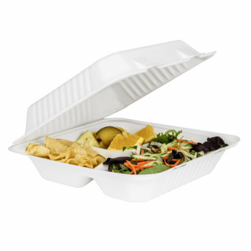LOLLICUP Bagasse Hinged Container, 9" x 9", White, 3-Compartment, Paper, Karat KE-BHC99-3C
