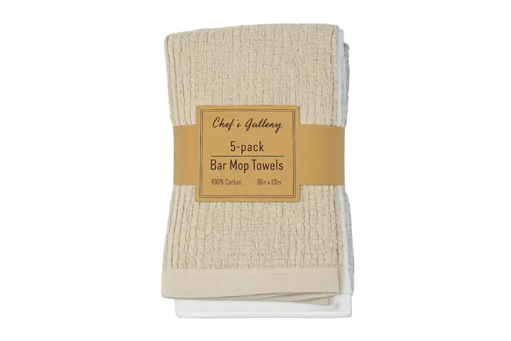 Bar Mop Towels, 100% Cotton, 16" x 19", Assorted Colors, 5-Pack