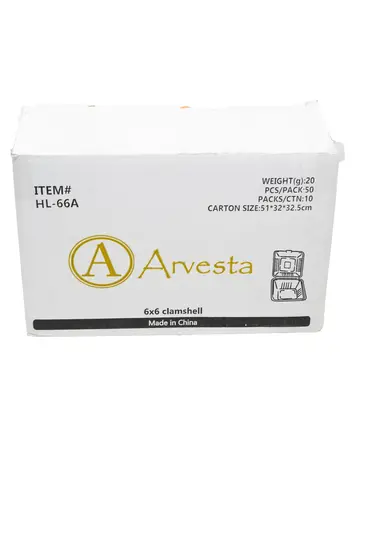 Clamshell Container, 6" X 6", White, Bagasse, 500/case, Arvesta HL-66A