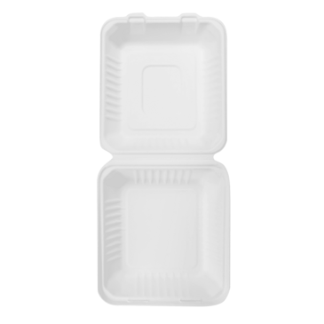 Clamshell Container, 8"x 8", White, Bagasse, (200/Case), Karat Earth KE-BHC88-1C