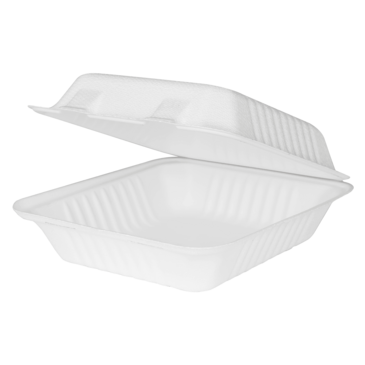 Clamshell Container, 8"x 8", White, Bagasse, (200/Case), Karat Earth KE-BHC88-1C