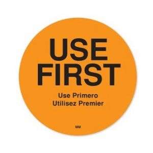DAYMARK SAFETY SYSTEMS "Use First" Labels, 3", Orange, Bilingual, (500/Roll) Daymark Safety System 112596