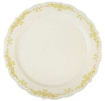 FINE LINE SETTINGS INC. Plate, 10", Ivory, Gold Trim, Plastic, (120/Case) Fine Line Setting 5910-BOG