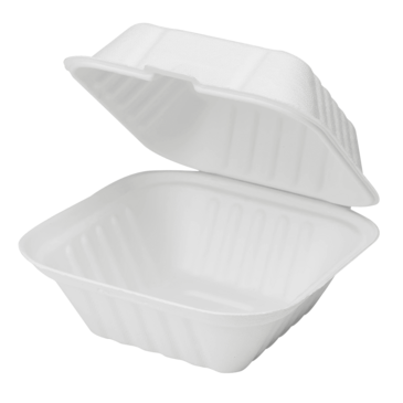 Hinged Container, 6" x 6", White, Bagasse, (500/Case), Karat Earth KE-BHC66-1C