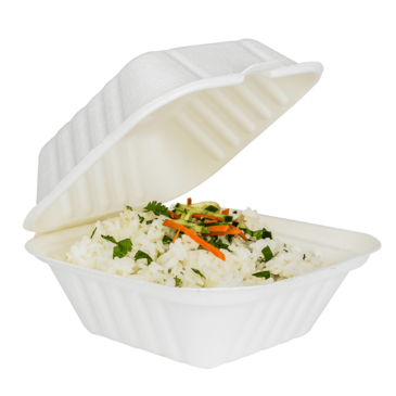 Hinged Container, 6" x 6", White, Bagasse, (500/Case), Karat Earth KE-BHC66-1C