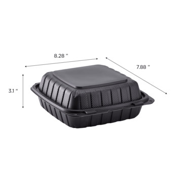 Hinged Container, 8" x 8", Black, Polypropylene, 1-Compartment, (200/Case), Karat KE-HC88MFPP-1CB