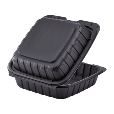 Hinged Container, 8" x 8", Black, Polypropylene, 1-Compartment, (200/Case), Karat KE-HC88MFPP-1CB