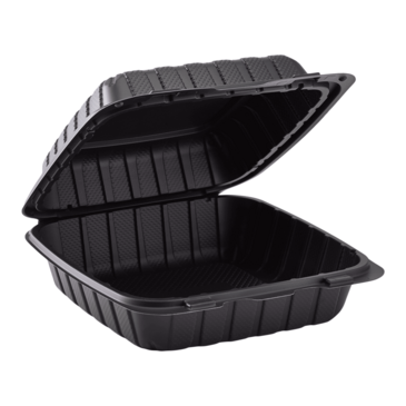 Hinged Container, 8" x 8", Black, Polypropylene, 1-Compartment, (200/Case), Karat KE-HC88MFPP-1CB