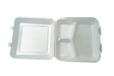 Hinged Container, 8" x 8", White, Foam, 3-Compartment, (200/Case), Reyma USA HC883