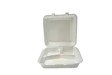 Hinged Container, 8" x 8", White, Foam, 3-Compartment, (200/Case), Reyma USA HC883