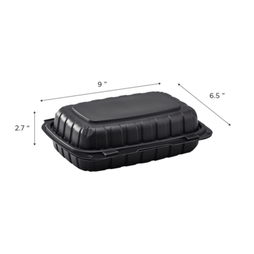 Hinged Container, 9" X 6", Black, PP,  Mineral Filled, (250/case) , Lollicup KE-HC96MFPP-1CB
