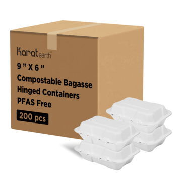 Karat Hinged Container, 9" x 6", White, Bagasse, (200/Case) Karat Earth KE-BHC96-1C