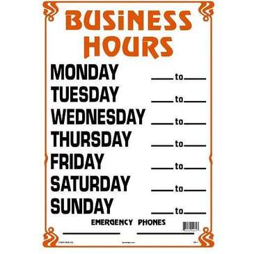 LYNCH SIGN CO. Sign "Business Hours", 10"x 14", Orange & Black, Styrene, Lynchsign BH-1