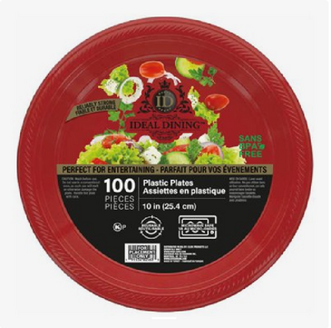 MY TRADING LLC Dining Plates, 10", Red, Plastic, (100/Pack), My Trading 36125