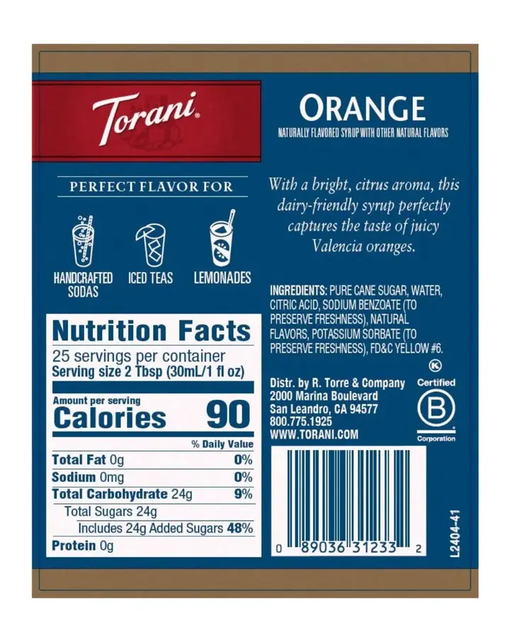 Orange Syrup, 25.4 Oz, Dairy Friendly, Torani 362337