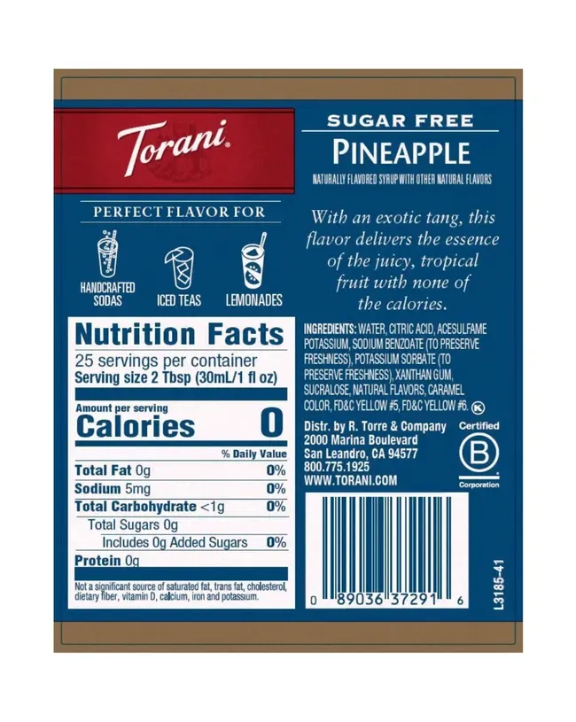 Pineapple Syrup, 25.4 Oz, Sugar-Free, Torani 372916
