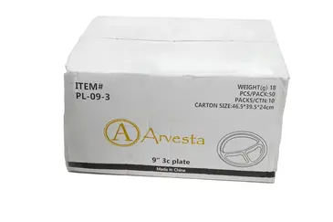 Plate, 9", White, Bagasse, 3-Compartment, (500/Case) Arvesta PL-09-3