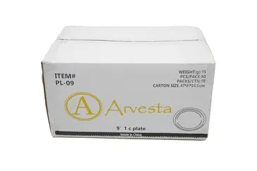 Plate, 9", White, Bagasse, (50/CSleeve), Arvesta PL-09