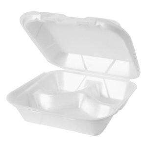 RJ Schinner Hinged Container, 8" x 8", White, Foam, 3-Compartment, (200/Case), Genpak SN243