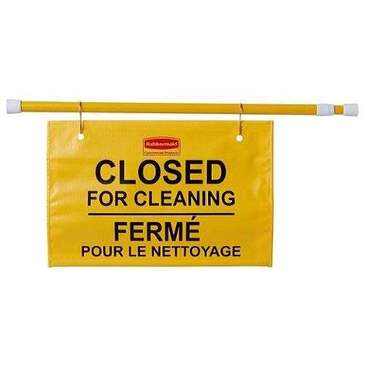 RUBBERMAID COMMERCIAL PRODUCT "Closed for Cleaning" Sign, 28" - 50", Black on Yellow, Plastic, Trilingual, Rubbermaid FG9S1600YEL
