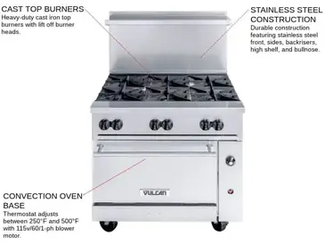 Vulcan 36C-6BP Range, 36" Restaurant, Gas