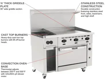 Vulcan 48C-2B36GT Range, 48" Restaurant, Gas