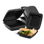 Hinged Container, 8" x 8", Black, Polypropylene, 1-Compartment, (200/Case), Karat KE-HC88MFPP-1CB