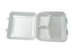 Hinged Container, 8" x 8", White, Foam, 3-Compartment, (200/Case), Reyma USA HC883