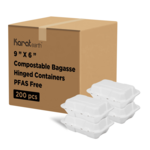 Hinged Container, 9" x 6", White, Bagasse, (200/Case) Karat Earth KE-BHC96-1C