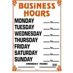 LYNCH SIGN CO. Sign "Business Hours", 10"x 14", Orange & Black, Styrene, Lynchsign BH-1